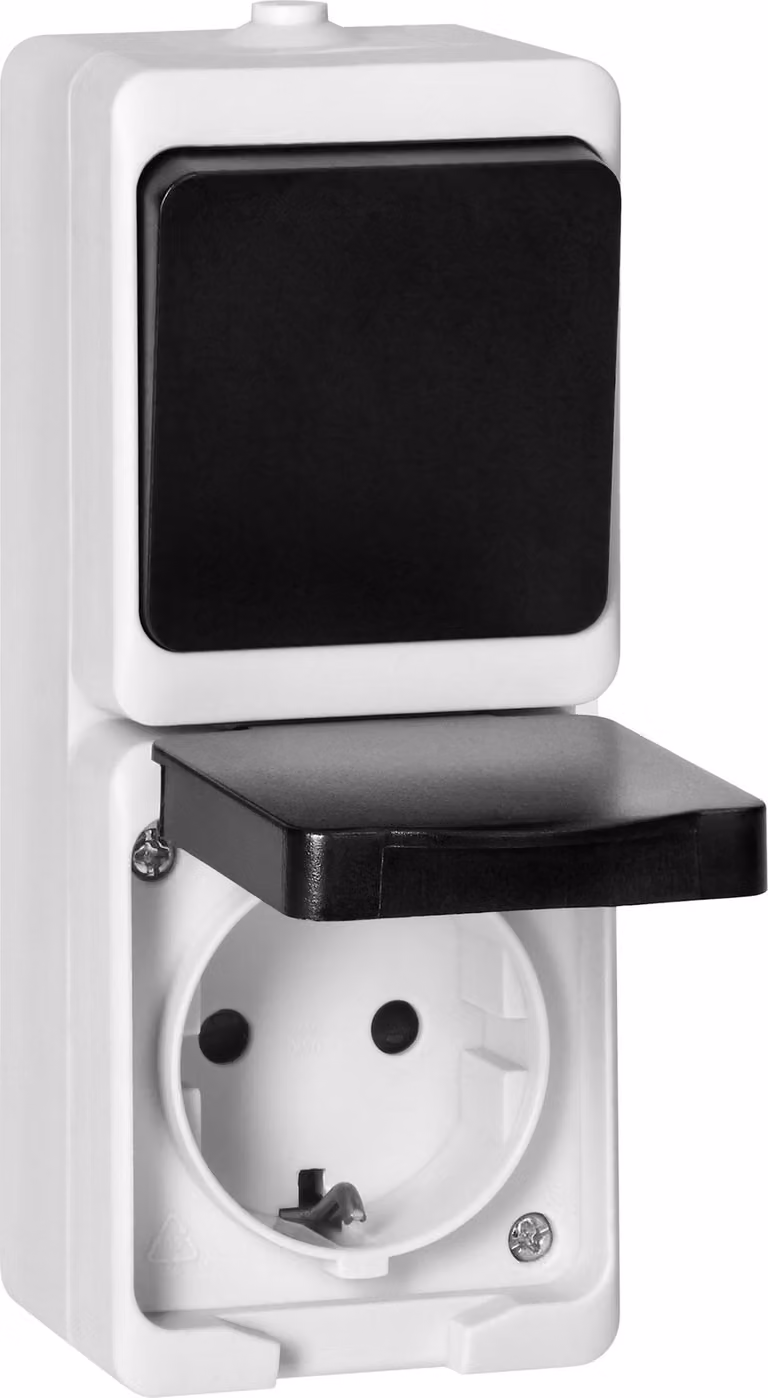 Interruttore unipolare da superficie + presa Schuko 2P+Z AQUATIC MINI IP54 bianco-nero