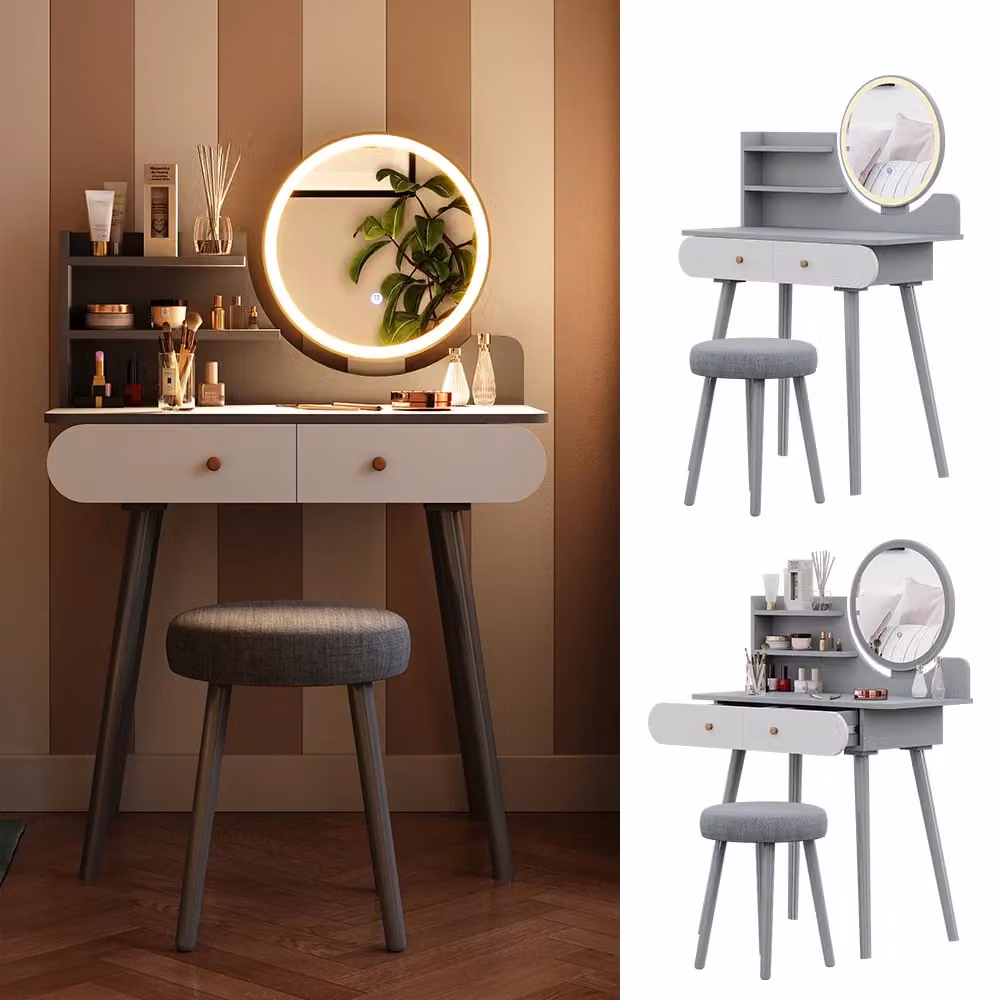 Tavolo da toeletta Vicco con illuminazione a LED e sgabello, Grigio, L: 80 cm, P: 40 cm, H: 121 cm – 2