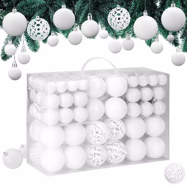 Set di 100 palline di Natale Casaria bianche, in plastica, con finitura opaca, lucida e glitterata