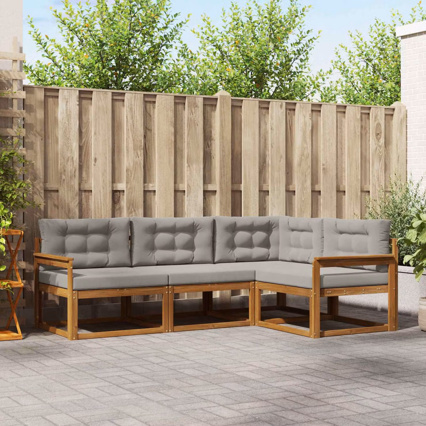 Set di divani da esterno vidaXL a forma di L in legno di acacia con cuscini, Grigio e Marrone