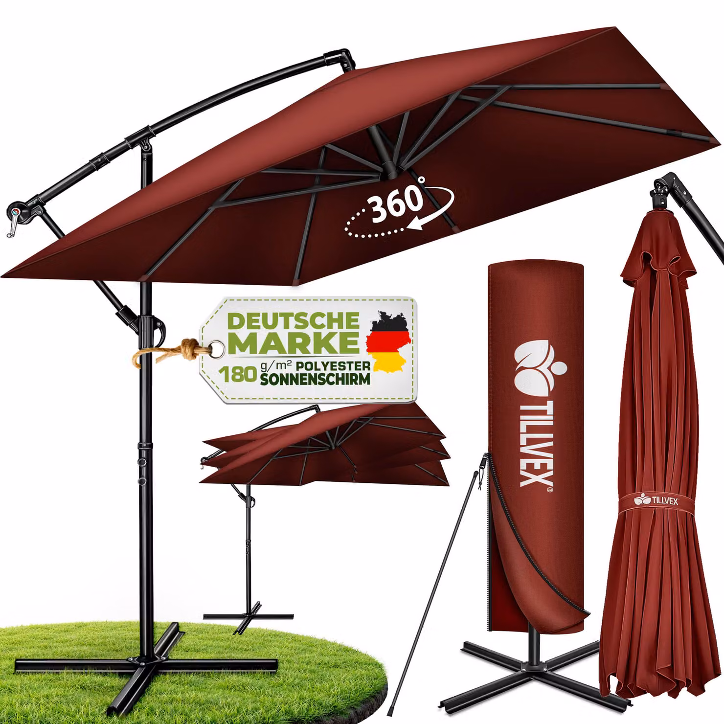 tillvex® Parasole in alluminio, rettangolare, diametro 330 cm, rosso + copertura con manovella | Parasole a gondola, angolare, con supporto | Parasole da giardino, protezione UV, in alluminio | Parasole con manovella, impermeabile, girevole a 360°