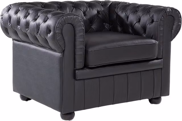 Poltrona Chesterfield Beliani in vera pelle nera con design trapuntato e struttura in legno