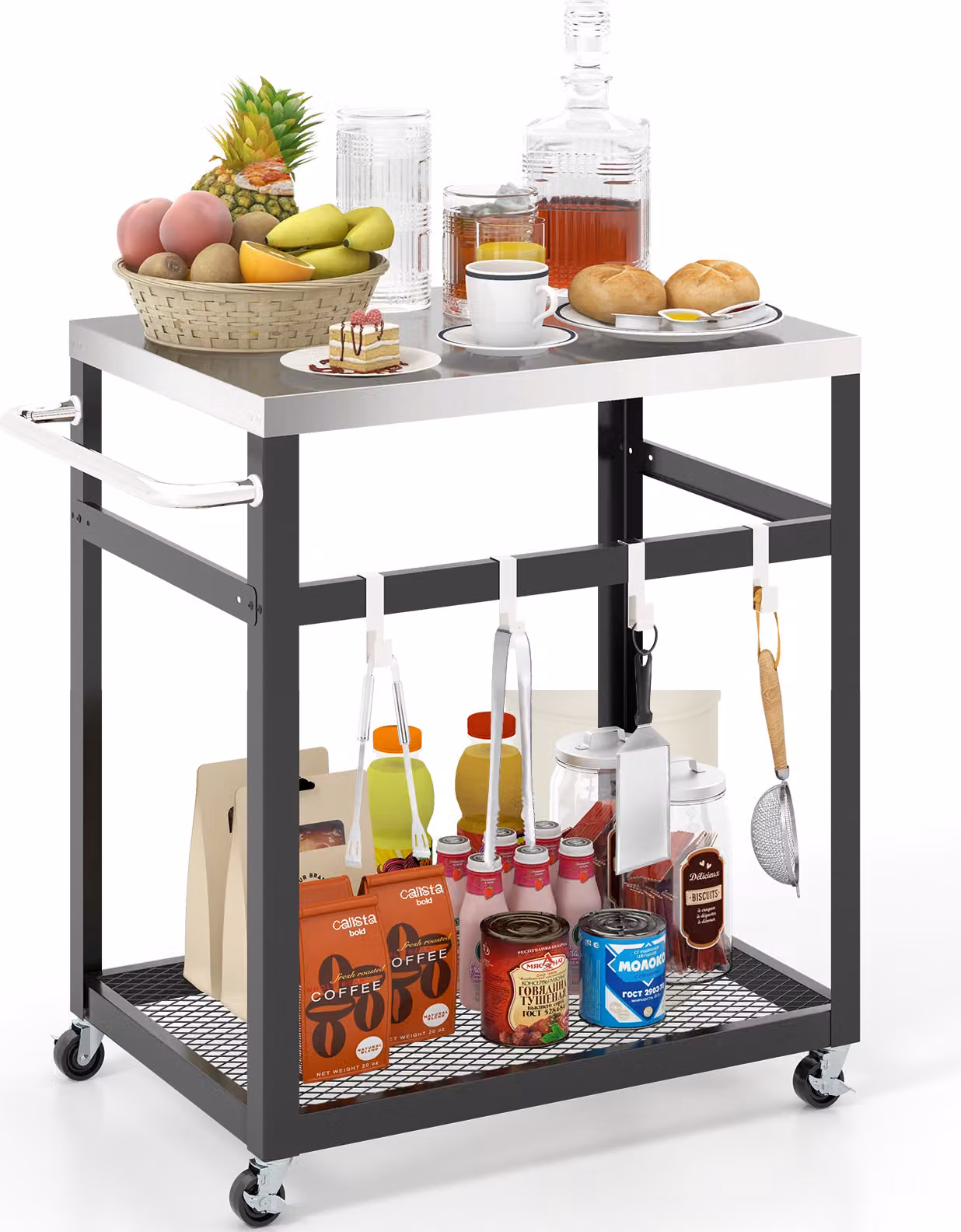 COSTWAY Carrello per barbecue a 2 livelli con ruote, maniglia e 4 ganci, carrello multiuso, tavolo da lavoro in acciaio inox