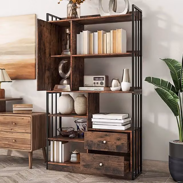 Libreria industriale Minimal con ante e cassetti in rovere e metallo, colore marrone e nero, L 80 x P 30 x H 180 cm – 1