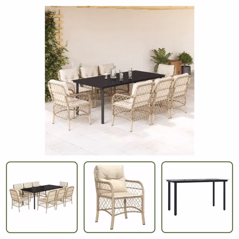 The Living Store Set da pranzo da giardino 9 pezzi con cuscini Beige poly rattan