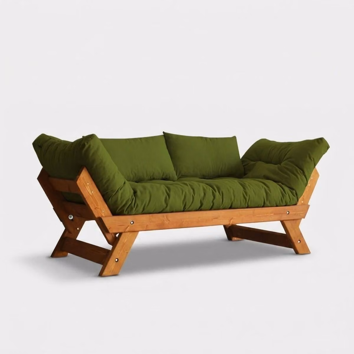 Divano letto in legno SORAI con rivestimento in lino idrorepellente e schienale regolabile - Verde scuro