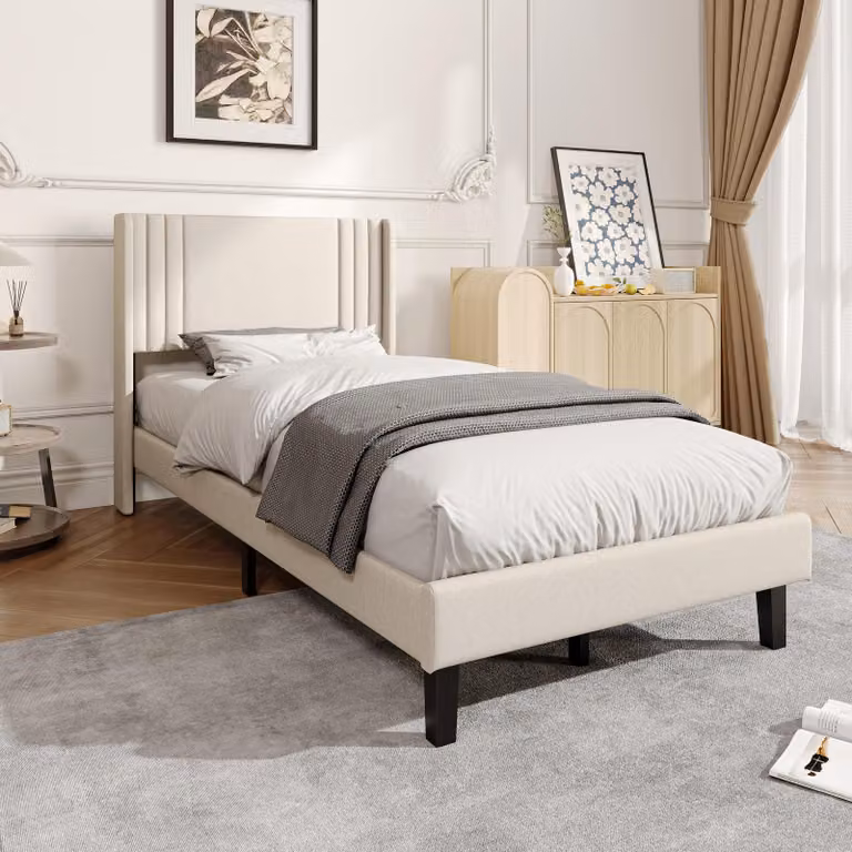 UnboxG Letto imbottito 90x200 cm beige in tessuto di lino, letto singolo con testiera imbottita, letto da camera moderno