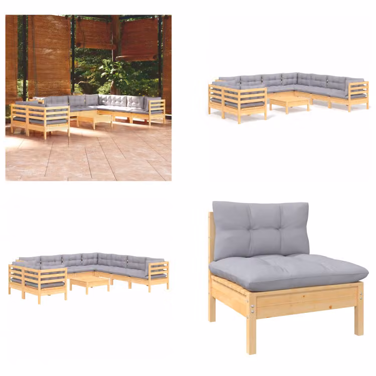 vidaXL Set salotto da giardino 10 pezzi con cuscini grigi in pino massiccio - Set salotto da giardino - Set salotto da giardino - Set mobili da giardino - Set mobili da giardino
