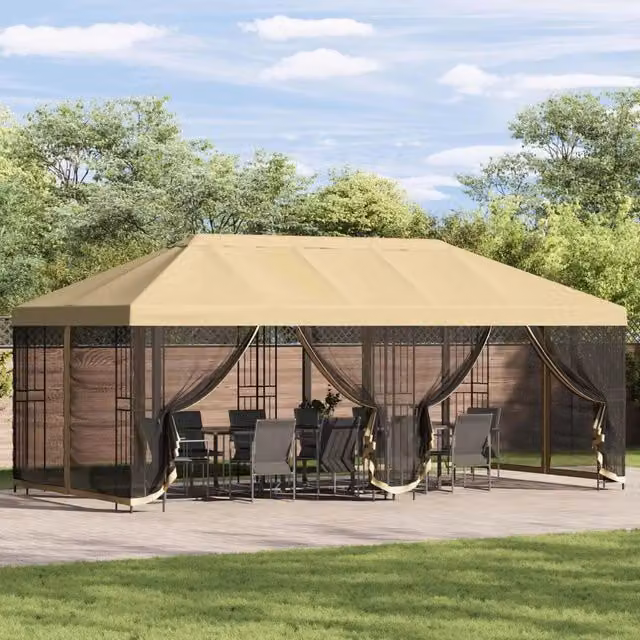 Gazebo da giardino vidaXL in acciaio galvanizzato e poliestere, beige e nero, L: 600 cm, P: 300 cm, H: 276,5 cm