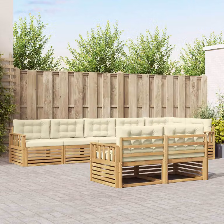 vidaXL Set di divani da esterno a L composto da 8 pezzi in legno di acacia con cuscini bianchi e beige