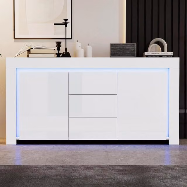 Credenza Soggiorno 140x40x65cm - Xylo - 3 Cassetti e 2 Ante Lucide con LED, Bianco