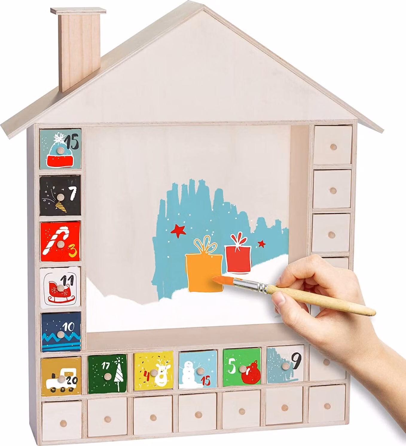 BRUBAKER Calendario dell'Avvento riutilizzabile da riempire con 24 cassetti - Calendario natalizio fai da te da colorare, decorare e disegnare da soli - Casa di Natale in bianco - Altezza 40,3 cm