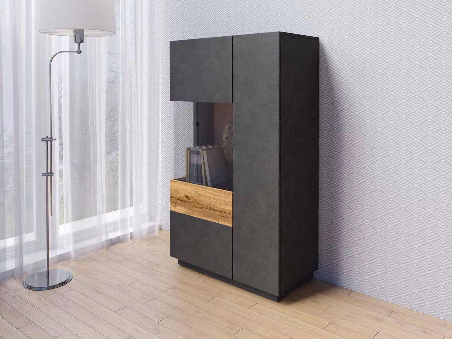 Cassettiera alta con parte vetrata SHADI sinistra, grigio/rovere wotan