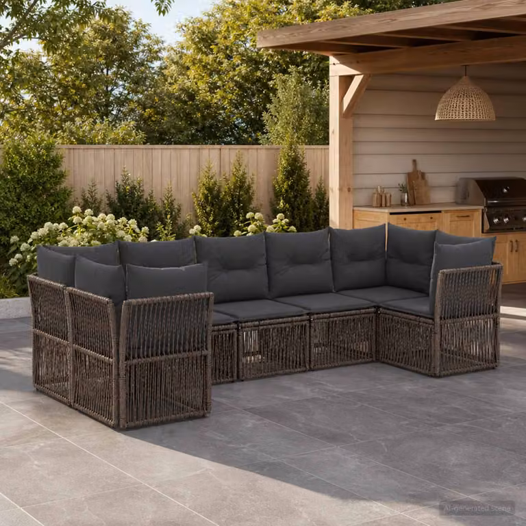 Set Divano da Giardino vidaXL a 7 posti in Polyrattan Grigio con Cuscini e Struttura in Acciaio