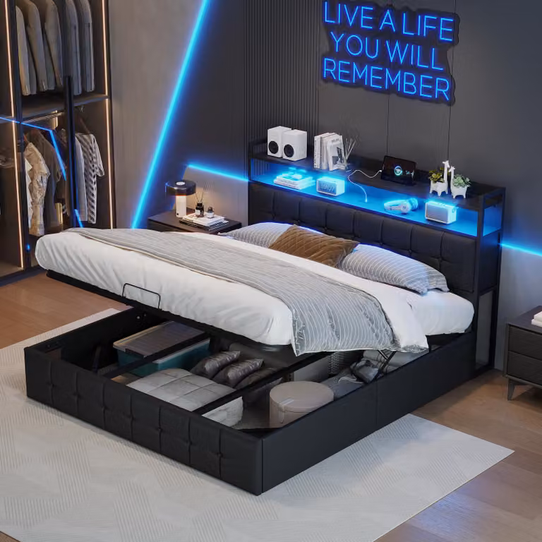 Letto imbottito Fortuna Lai 140x190 cm con illuminazione LED e presa di corrente - Letto contenitore con molla a gas e funzione di ricarica USB/Type-C - Ecopelle nera