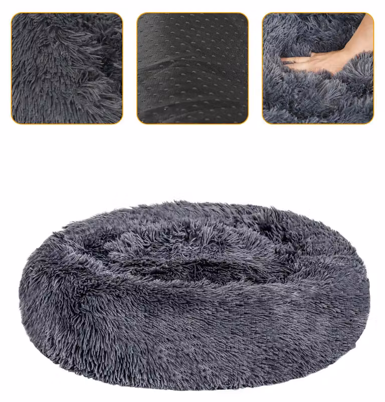 Cuccia per cani Ikodm, diametro 60 cm, colore grigio scuro, realizzata in peluche morbido con imbottitura in PP, antiscivolo e lavabile, facile da pulire