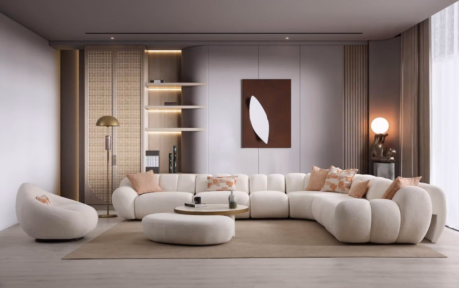 Weißes Wohnzimmer Set Designer Ecksofa Textilsessel Holz Couchtisch