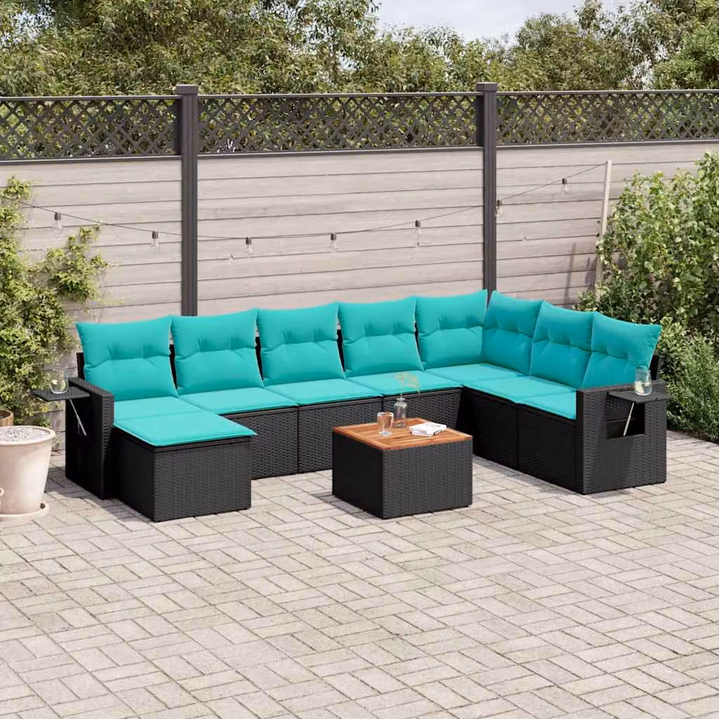 Set di divani da giardino vidaXL in polyrattan nero con 9 pezzi, inclusi cuscini e tavolino da esterno a forma di U