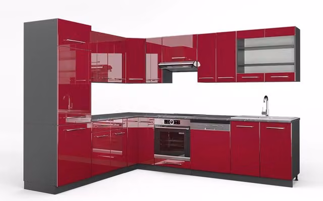 Cucina angolare moderna Vicco Fame-Line bordeaux lucido e antracite senza piano di lavoro L: 287 cm, P: 227 cm – 1