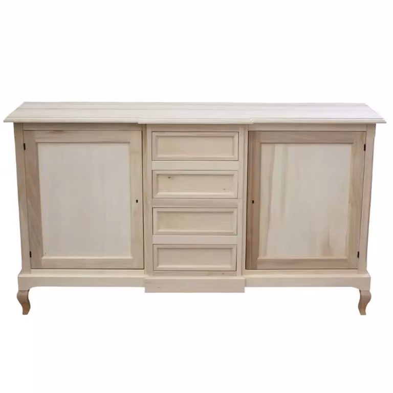 Madia credenza in legno grezzo con 2 ante e 4 cassetti Mobili 2G L: 201 cm, P: 52 cm, H: 113 cm