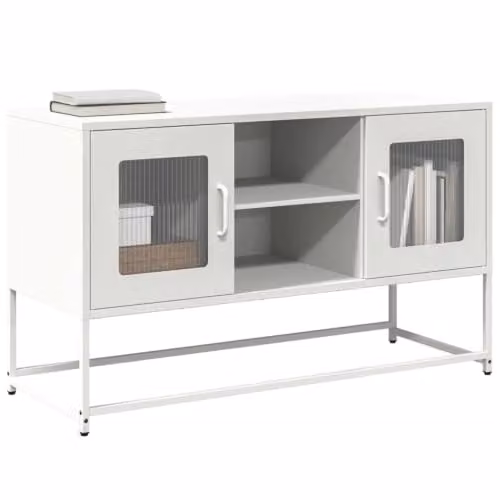 Mobile TV moderno con vano portaoggetti 100,5 x 39 x 60,5 cm, finitura elegante in acciaio, bianco 02_0049873