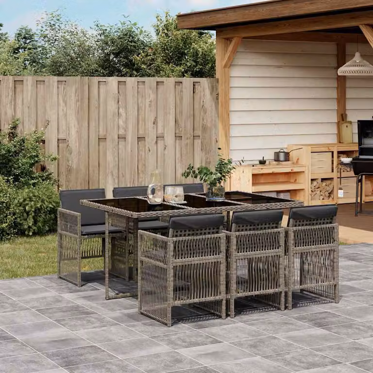 Set da Pranzo da Giardino vidaXL in Polyrattan Grigio e Nero con 7 Pezzi e Cuscini e Tavolo in Vetro