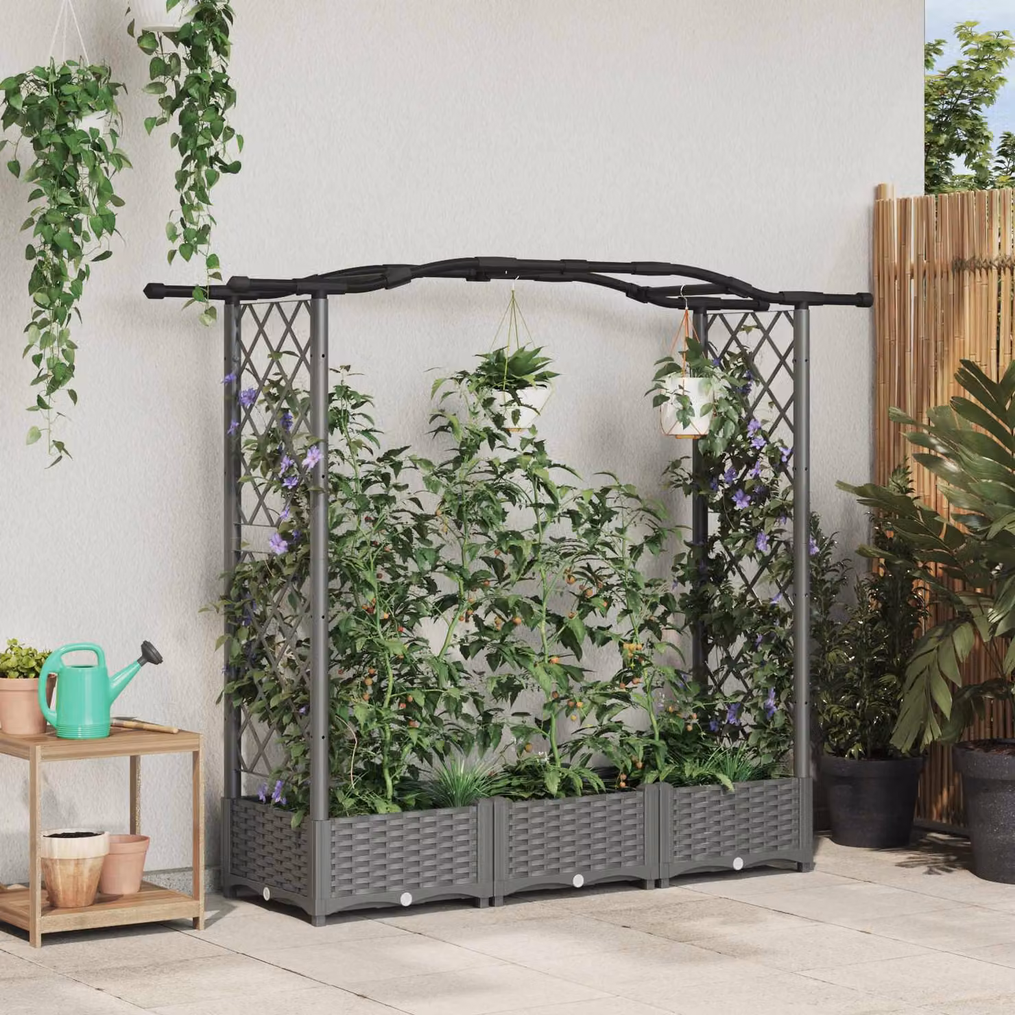 vidaXL Letto Rialzato con Griglia e Tetto per Giardino Ornamentale e Erbe Aromatiche, Grigio Chiaro