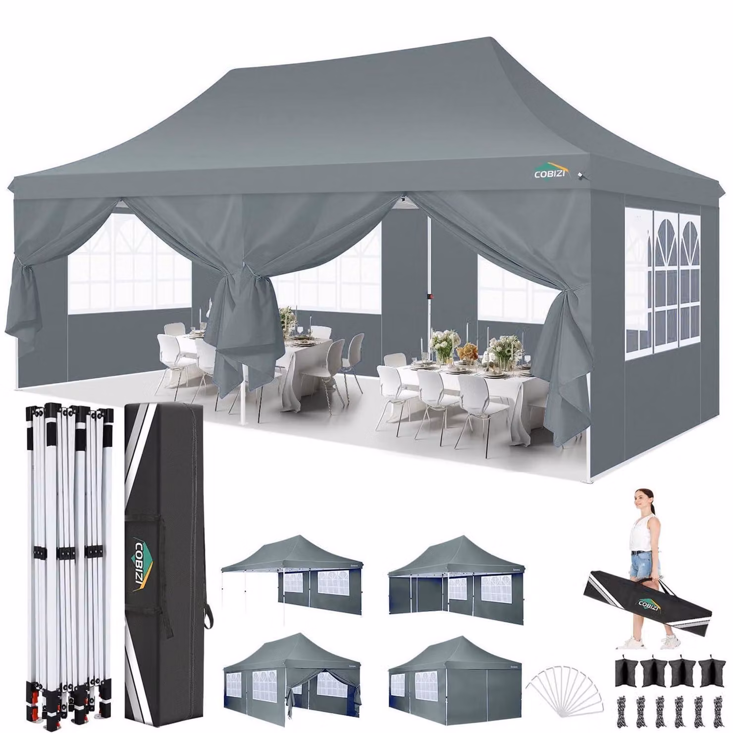 Tenda da campeggio 3x6 metri, impermeabile, con protezione UV50+, colore grigio, dotata di 6 pareti laterali, realizzata in tessuto Oxford 420D con rivestimento PU1500mm
