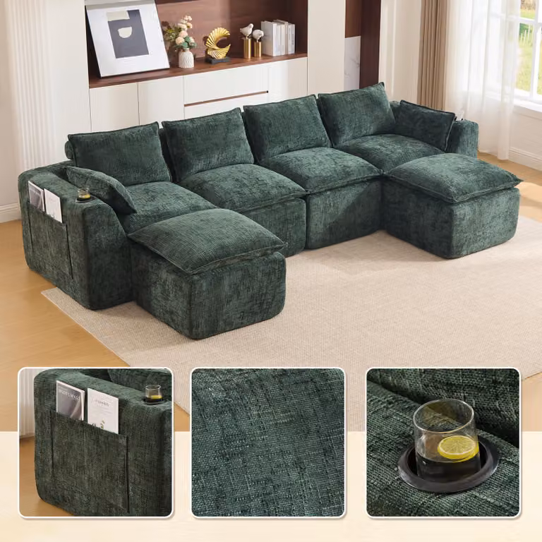 Divano componibile LVHOM XXL a 4 posti in ciniglia, divano a U con portabevande e tasche laterali, divano grande, 322 cm, verde