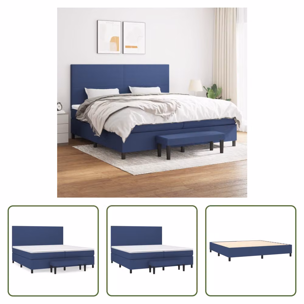 The Living Store Letto a molle con materasso blu 200x200 cm in tessuto