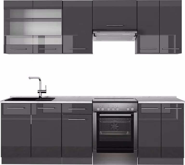 Cucina componibile Vicco Fame-Line Antracite lucido 240 cm , PL Marmo, Model 56732