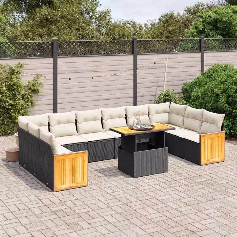 vidaXL Set Divani da Giardino 11 pz in Polyrattan Nero con Cuscini e Tavolino da Esterno