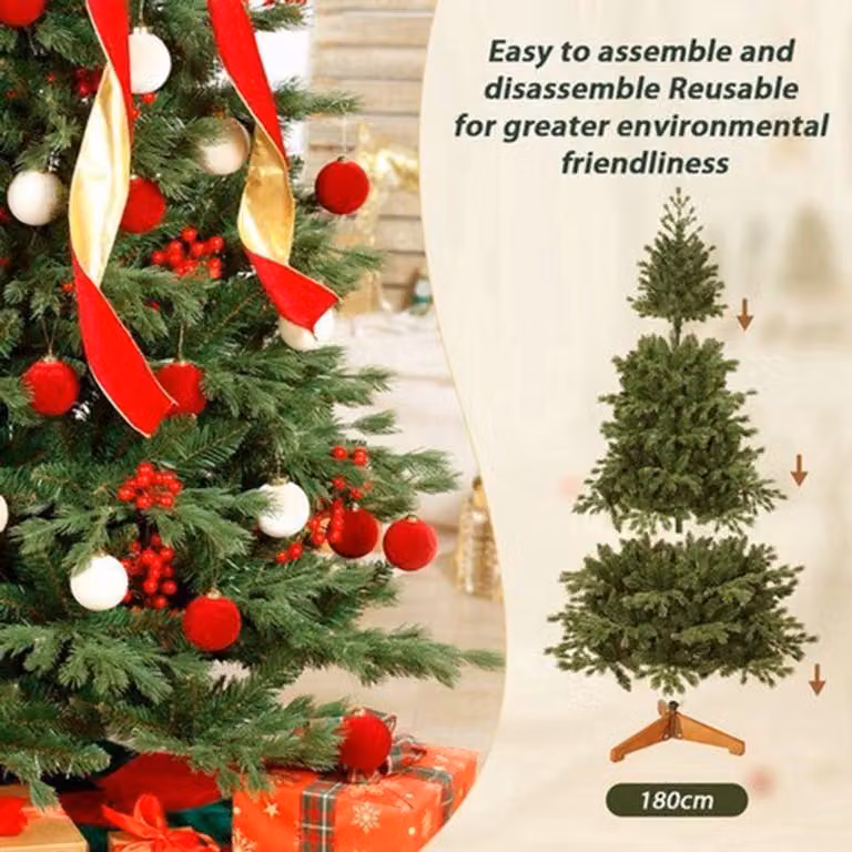 Albero di Natale artificiale, altezza 180 cm, verde, con 810 rami, realizzato in un mix di polietilene (PE) e cloruro di polivinile (PVC), struttura in metallo pieghevole e base in legno