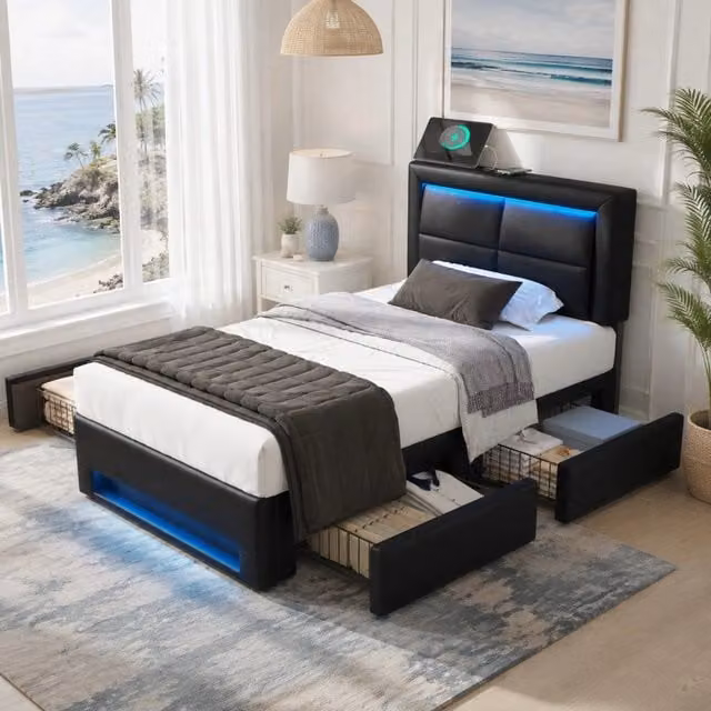 Letto imbottito 90x190 cm con USB; LED e 4 cassetti; PU nero