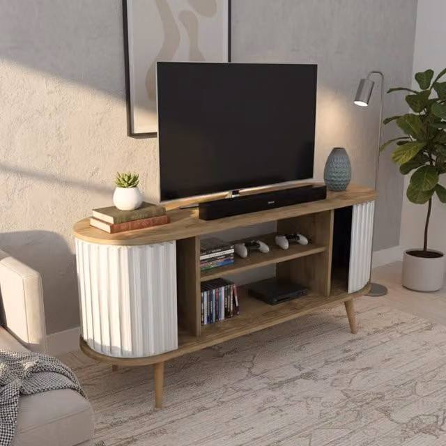 Mobile porta TV Bailu DMORA, Credenza moderna per soggiorno in legno e bianco, L: 140 cm, P: 43 cm, H: 64 cm