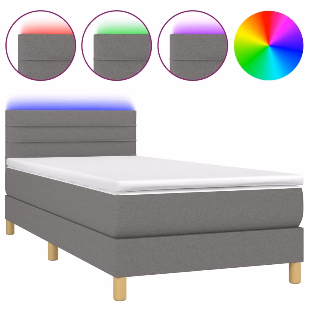 Letto a Molle Materasso e LED Grigio Scuro 90x200 cm in Tessuto