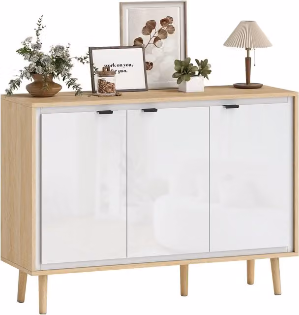 Credenza Moderna Lucida Bianco e Rovere Mobile Buffet Soggiorno con 3 Ante e Ripiani Regolabili 107 x 35 x 77 cm