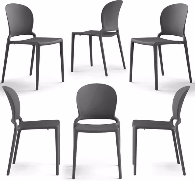 Set 6 sedie in polipropilene JASMINE, impilabile, resistente ai raggi UV, design moderno, ideale per sala da pranzo, cucina, sala d’attesa, bar, ristoranti o giardino colore Cemento