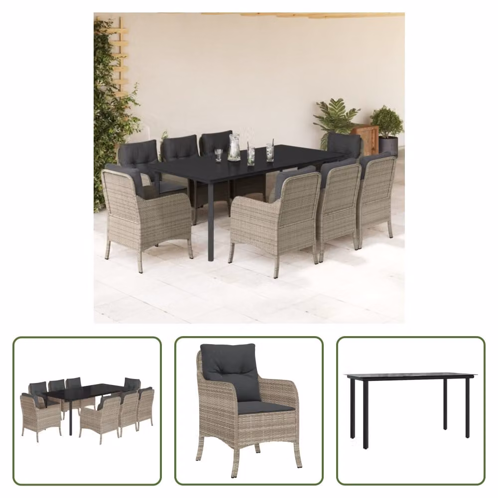 The Living Store Set da pranzo da giardino 9 pezzi con cuscini in poly rattan grigio chiaro
