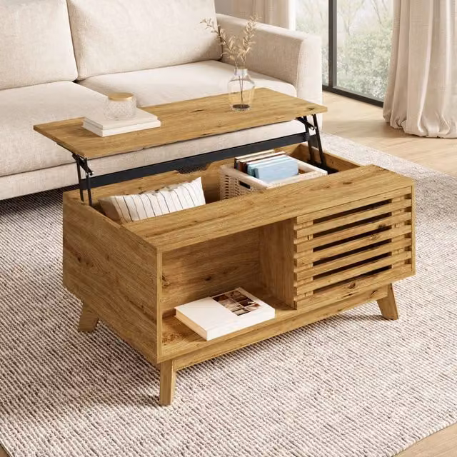 Desviae Tavolino basso sollevabile con anta scorrevole a lamelle in MDF effetto legno naturale per soggiorno 90 × 55 × 57,5 cm