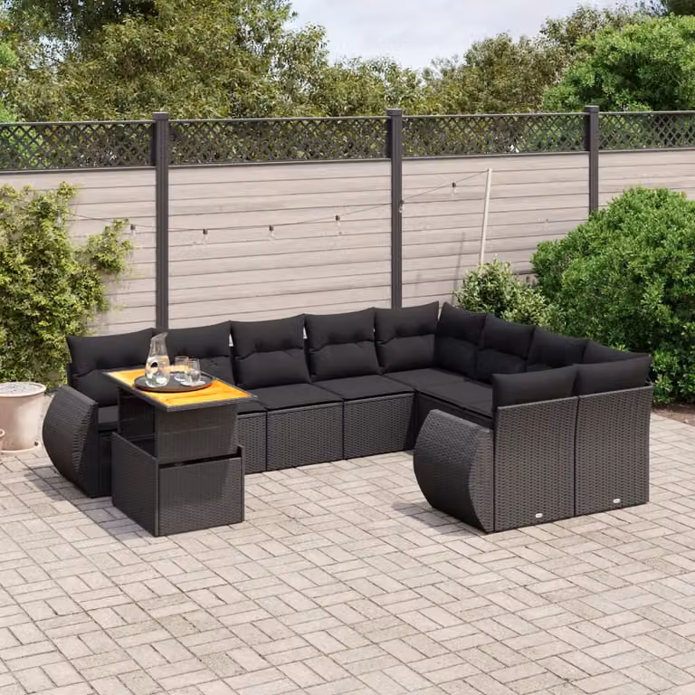 vidaXL Set Divani da Giardino a Forma di L in Polyrattan Nero con Cuscini e Tavolino da Esterno