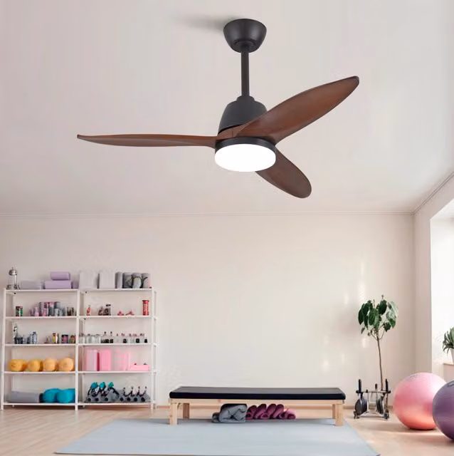 Ventilatore da soffitto moderno con LED dimmabile e motore DC reversibile, 3 pale in acero massiccio, colore nero e noce scuro, diametro 106,68 cm