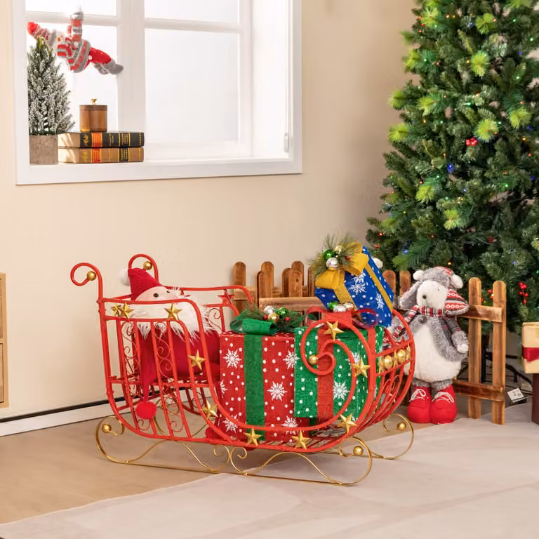 Slitta di Babbo Natale Costway in metallo rossa e oro con stelle, L 99 x P 36 x H 61 cm