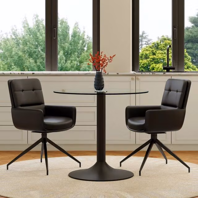 Set tavolo e sedie da pranzo con tavolo rotondo e 2 sedie girevoli, vetro temperato, metallo e PU nero