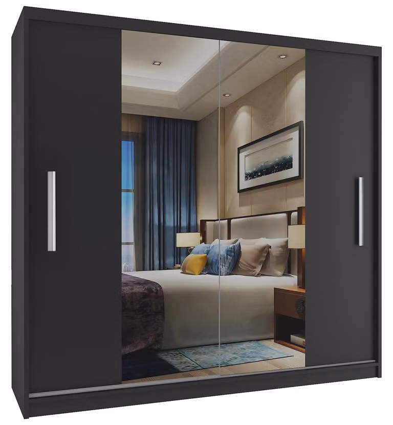 BELINI Verona, armadio scorrevole da 200 cm, nero opaco - armadio con specchio e asta appendiabiti, ideale per la camera da letto