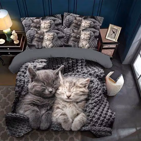 Set di lenzuola per letto matrimoniale Ibbenzoa®, dimensioni 200x200 cm, motivo con gatti in 3D, in microfibra, con chiusura a zip invisibile, include 2 federe 50x75 cm, facile da lavare