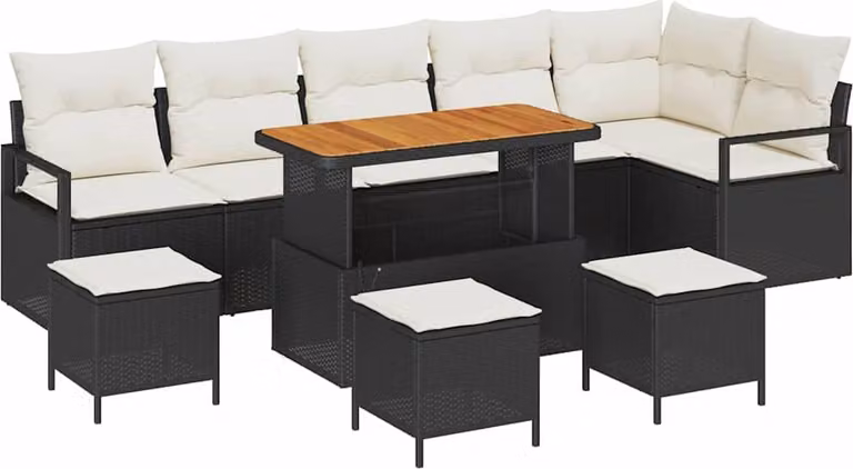 Set Divano da Giardino con cuscino 10 pcs Nero Poly Rattan