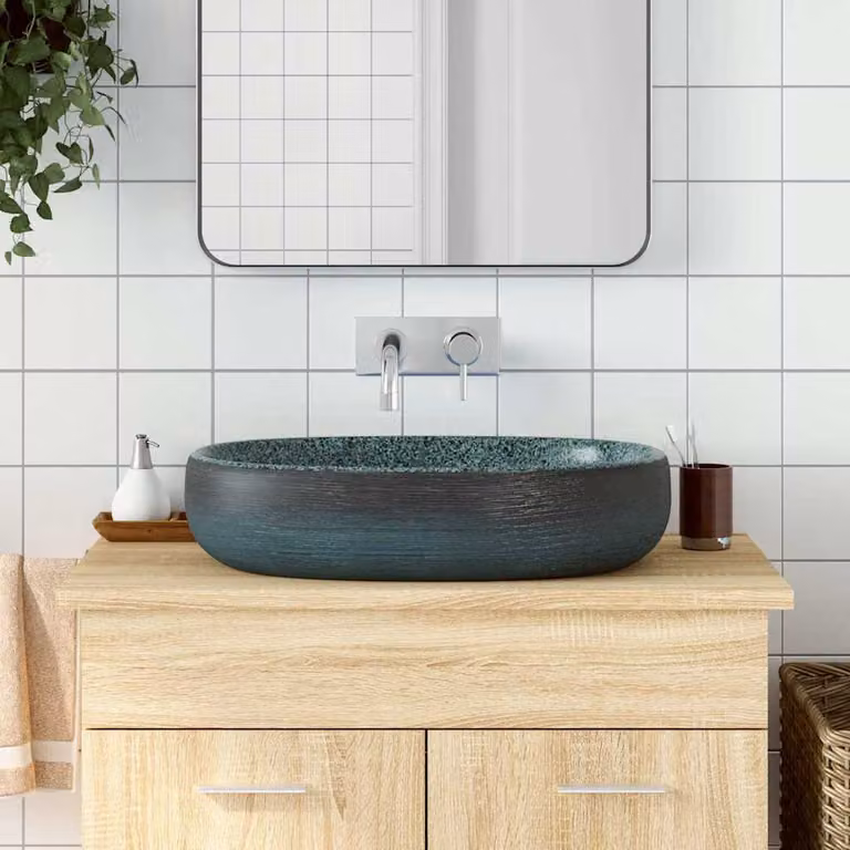 Lavabo da appoggio ovale vidaXL in ceramica turchese L: 59 cm, P: 40 cm, H: 14 cm