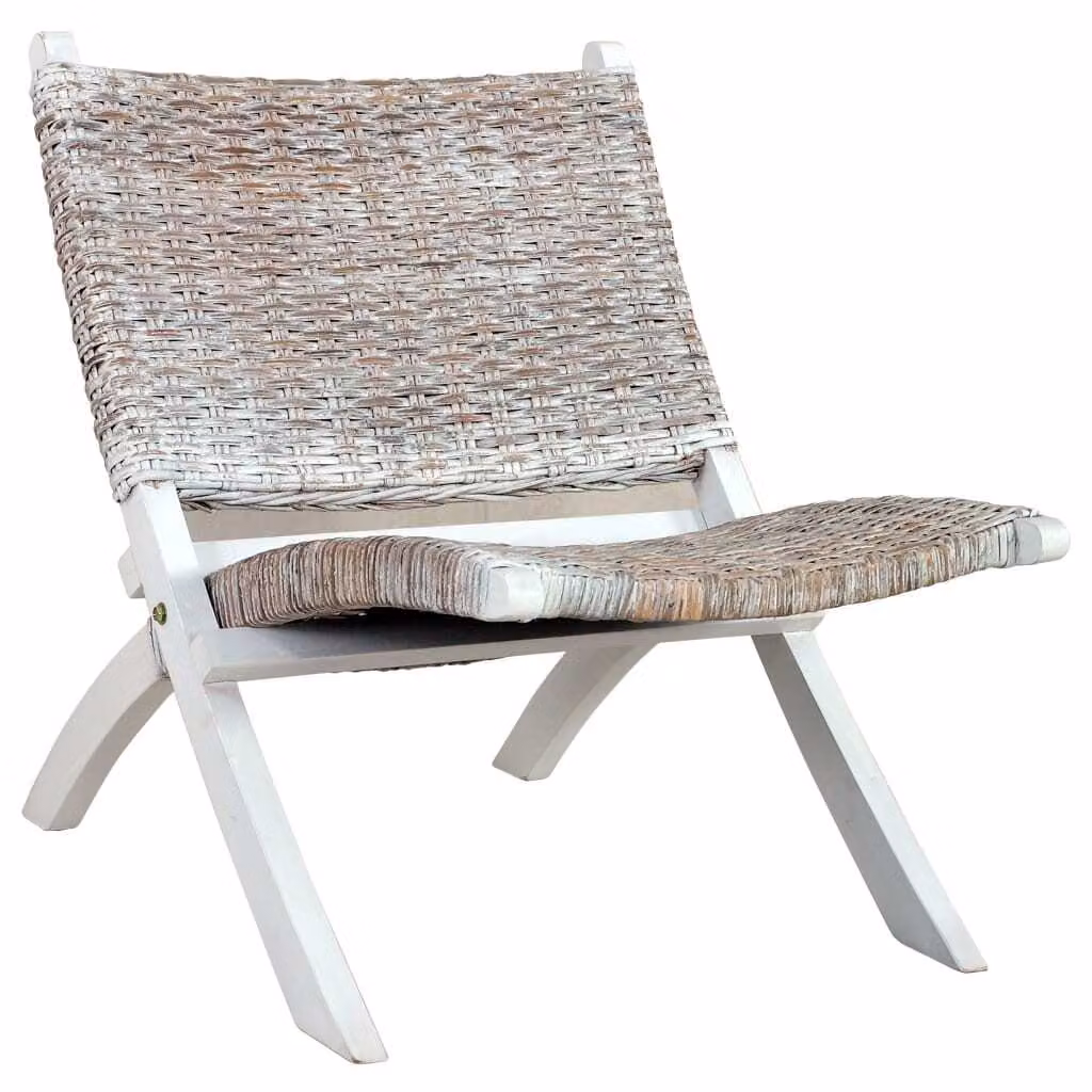 The Living Store Sedia relax in rattan Kubu bianco naturale e legno massiccio di mogano