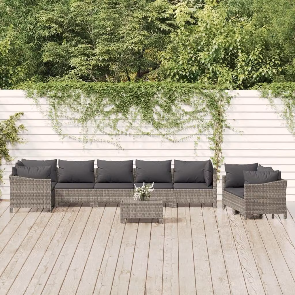 The Living Store Set da 9 pezzi per salotto da giardino con cuscini in poly rattan grigio